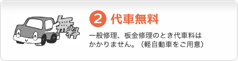 ２．代車無料　一般修理、板金修理のとき代車料はかかりません。（軽自動車をご用意）