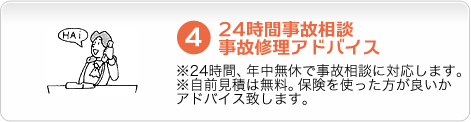 ４．24時間事故相談　事故修理アドバイス　※24時間、年中無休で事故相談に対応します。※自前見積は無料。保険を使った方が良いかアドバイス致します。